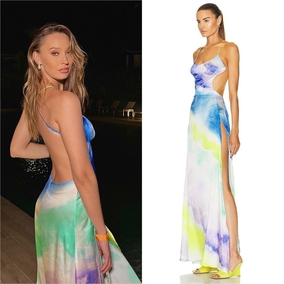 NWT RETROFETE Silk Watercolor Sleeveless Open Back Side Cutout Maxi Slip Gown XS - Picture 7 of 16